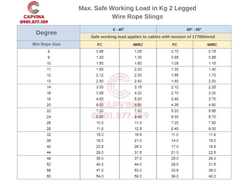 Safe working load 2 legged sling