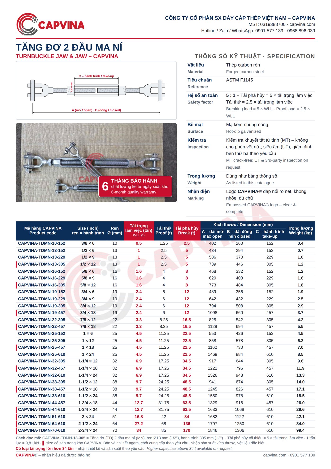 CAPVINA jaw & jaw turnbuckle catalogue – 28 sizes, 0.5 to 34 t